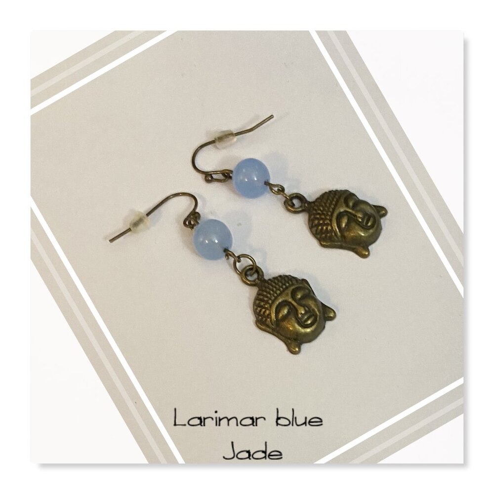 NEW Larimar Blue Jade Buddha brass earrings